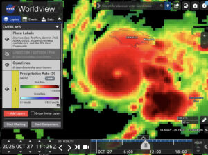 Hurricane Melissa (2025) in NASA WorldView (Oct. 27 1100UTC)